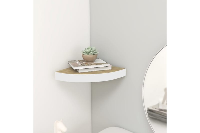 Hjørnehylle vegghengt eik og hvit 25x25x3,8 cm MDF - Hvit - Oppbevaring - Hyller - Hjørnehylle