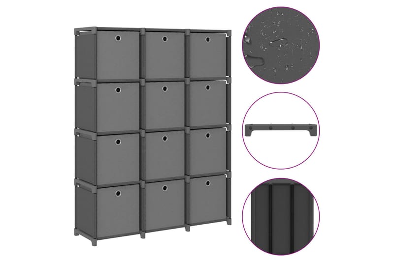 Displayhylle med 12 kuber og bokser grå 103x30x141 cm stoff - Grå - Oppbevaring - Hyller - Hyllesystem