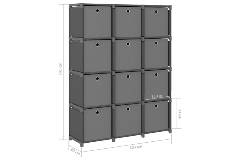 Displayhylle med 12 kuber og bokser grå 103x30x141 cm stoff - Grå - Oppbevaring - Hyller - Hyllesystem