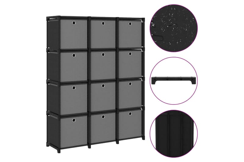 Displayhylle med 12 kuber og bokser svart 103x30x141cm stoff - Svart - Oppbevaring - Hyller - Hyllesystem