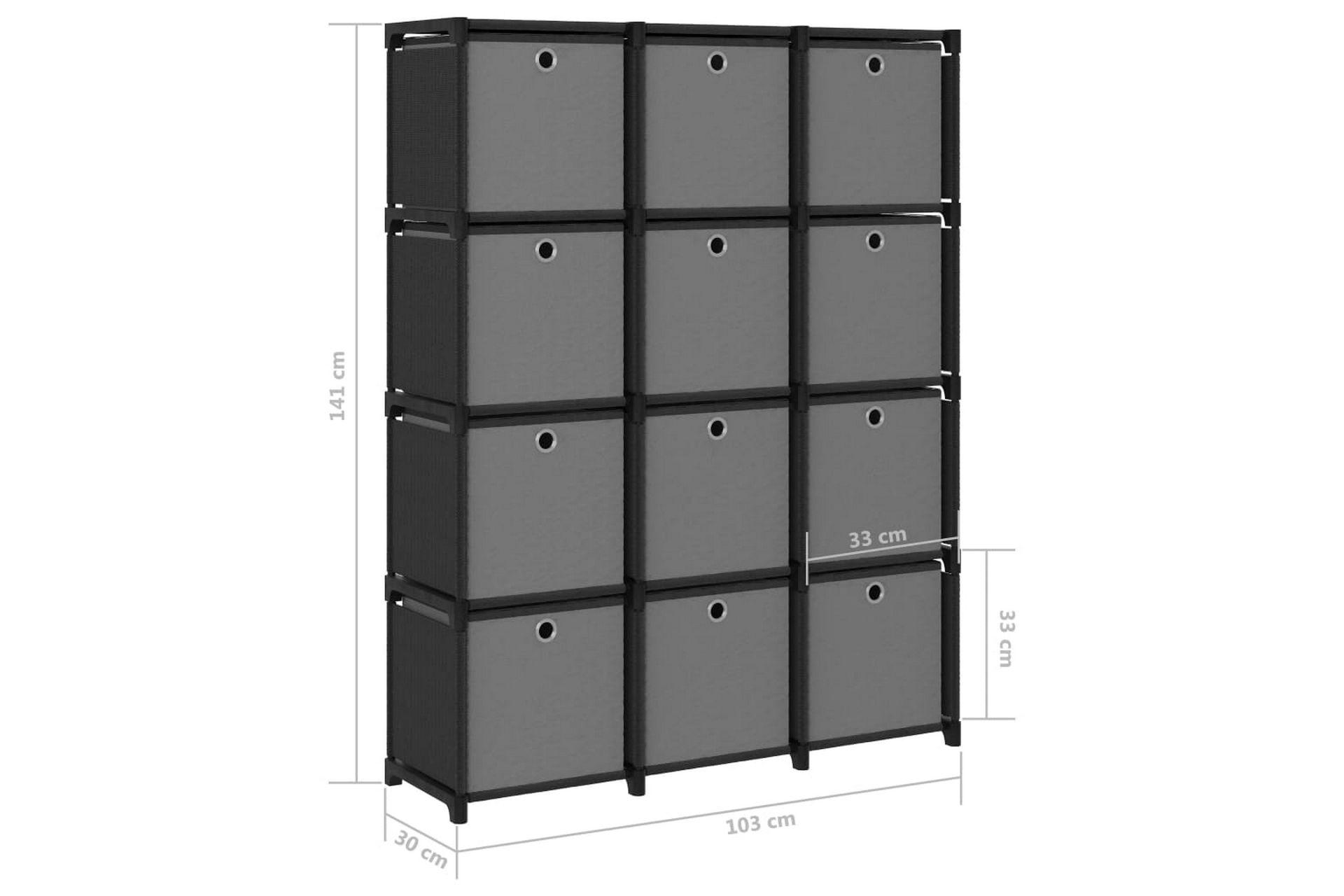 Displayhylle med 12 kuber og bokser svart 103x30x141cm stoff - Svart - Oppbevaring - Hyller - Hyllesystem