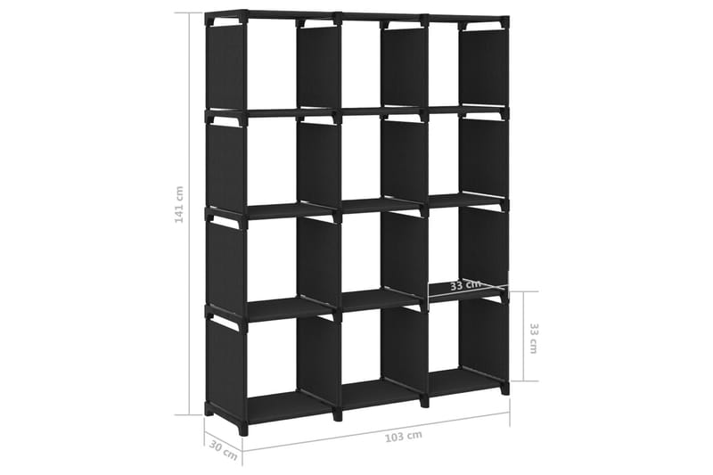 Displayhylle med 12 kuber svart 103x30x141 cm stoff - Svart - Oppbevaring - Hyller - Hyllesystem