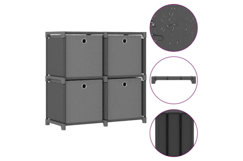 Displayhylle med 4 kuber og bokser grå 69x30x72,5 cm stoff - Grå - Oppbevaring - Hyller - Hyllesystem
