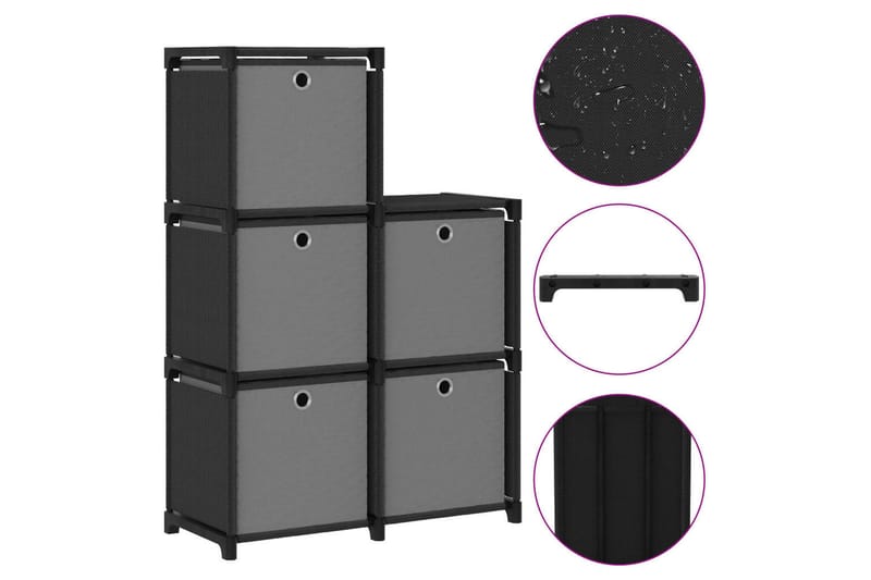 Displayhylle med 5 kuber og bokser svart 103x30x72,5cm stoff - Svart - Oppbevaring - Hyller - Hyllesystem
