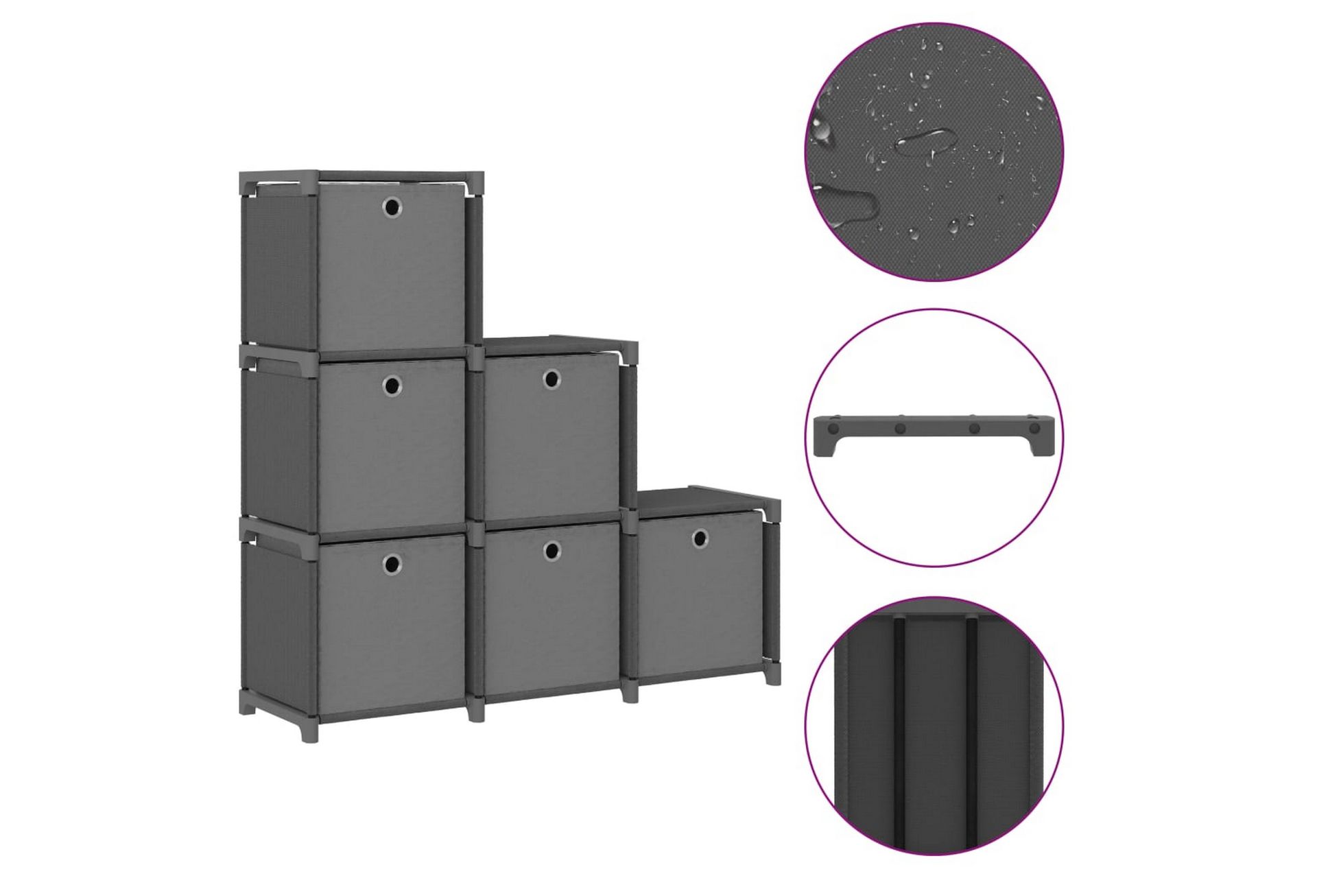 Displayhylle med 6 kuber og bokser grå 103x30x72,5 cm stoff - Grå - Oppbevaring - Hyller - Hyllesystem