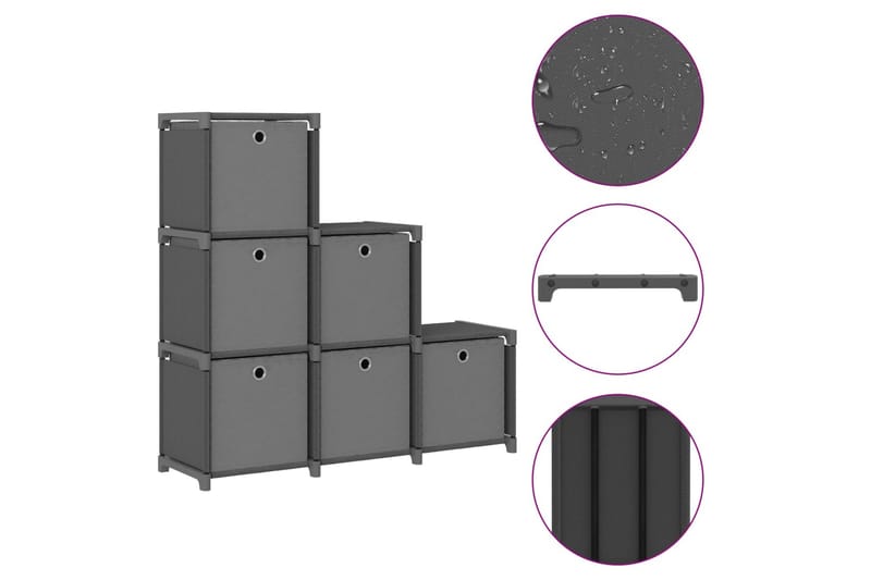 Displayhylle med 6 kuber og bokser grå 103x30x72,5 cm stoff - Grå - Oppbevaring - Hyller - Hyllesystem