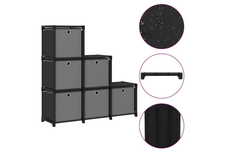 Displayhylle med 6 kuber og bokser svart 103x30x72,5cm stoff - Svart - Oppbevaring - Hyller - Hyllesystem