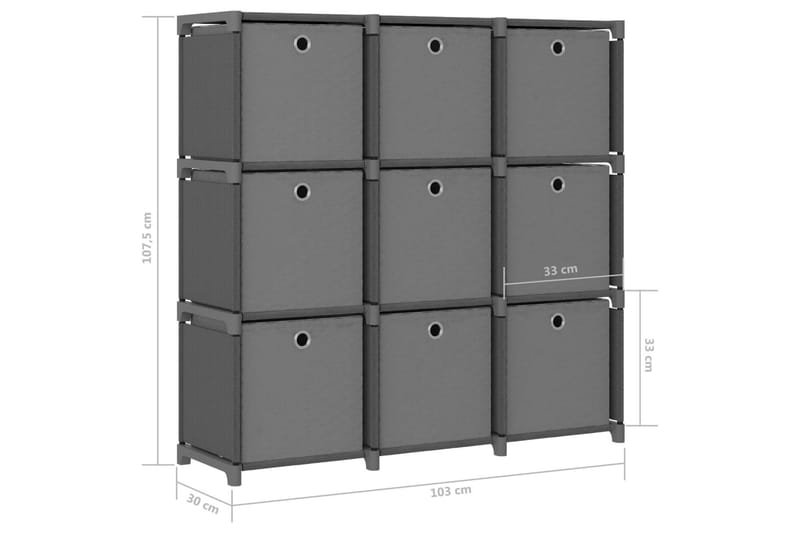 Displayhylle med 9 kuber og bokser grå 103x30x107,5 cm stoff - Grå - Hyllesystem