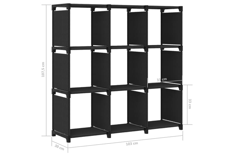 Displayhylle med 9 kuber svart 103x30x107,5 cm stoff - Svart - Oppbevaring - Hyller - Hyllesystem