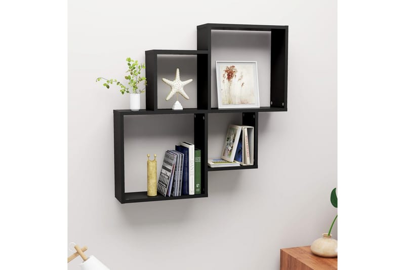 Kubeformet vegghylle svart 80x15x78,5 cm sponplate - Svart - Oppbevaring - Hyller - Vegghylle