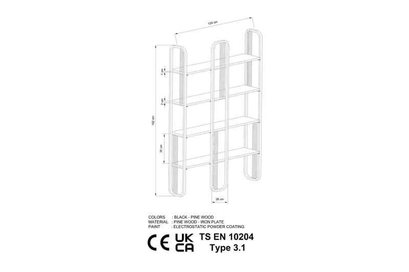 Pemu Bokhylle 125 cm i Metall med Treplate - Svart - Oppbevaring - Hyller - Bokhylle