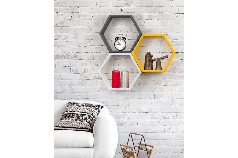 Croxall Vegghylle 58x9 cm 3 Hyller - Hvit/Antrasitt/Gul - Oppbevaring - Hyller - Vegghylle