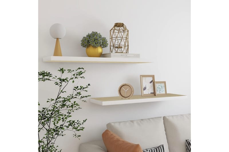 Flytende vegghyller 2 stk eik og hvit 100x23,5x3,8 cm MDF - Hvit - Oppbevaring - Hyller - Vegghylle