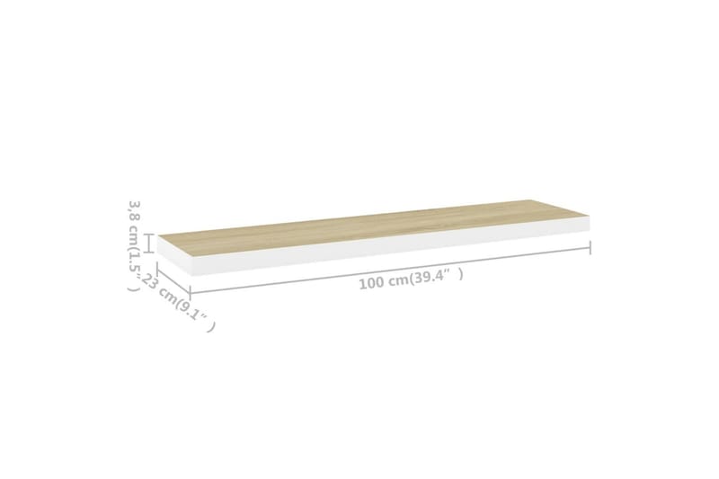 Flytende vegghyller 2 stk eik og hvit 100x23,5x3,8 cm MDF - Hvit - Oppbevaring - Hyller - Vegghylle