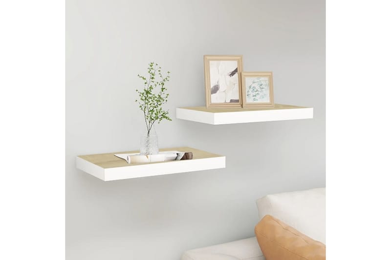 Flytende vegghyller 2 stk eik og hvit 50x23x3,8 cm MDF - Hvit - Oppbevaring - Hyller - Vegghylle