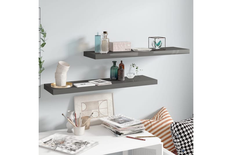 Flytende vegghyller 2 stk høyglans grå 90x23,5x3,8 cm MDF - Oppbevaring - Hyller - Vegghylle