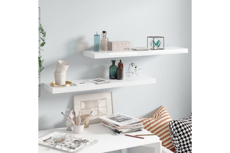 Flytende vegghyller 2 stk høyglans hvit 90x23,5x3,8 cm MDF - Oppbevaring - Hyller - Vegghylle