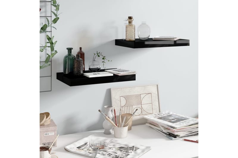 Flytende vegghyller 2 stk høyglans svart 40x23x3,8 cm MDF - Oppbevaring - Hyller - Vegghylle