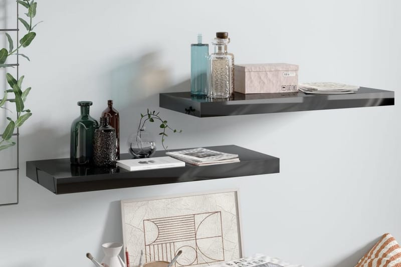 Flytende vegghyller 2 stk høyglans svart 60x23,5x3,8 cm MDF - Oppbevaring - Hyller - Vegghylle