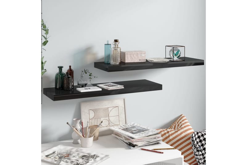 Flytende vegghyller 2 stk høyglans svart 80x23,5x3,8 cm MDF - Oppbevaring - Hyller - Vegghylle