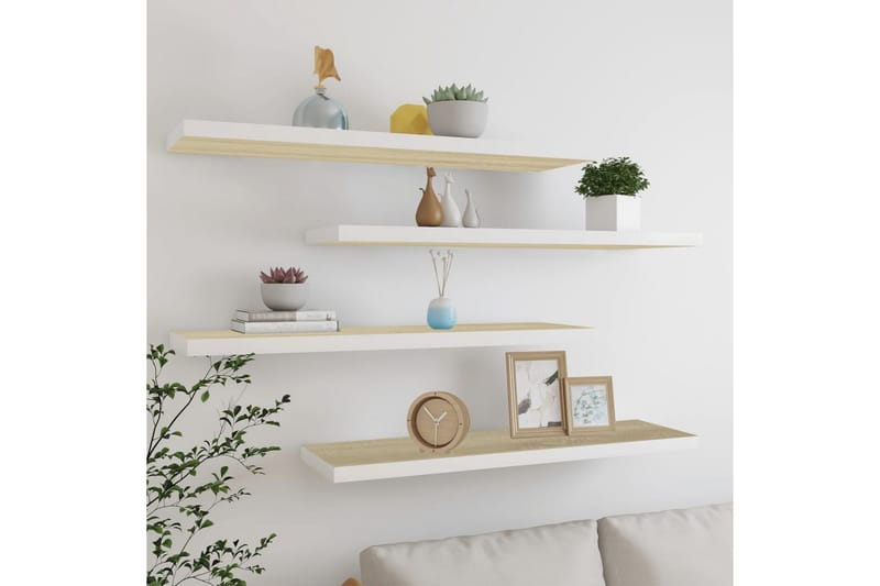 Flytende vegghyller 4 stk eik og hvit 100x23,5x3,8 cm MDF - Hvit - Oppbevaring - Hyller - Vegghylle