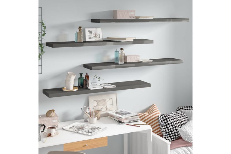 Flytende vegghyller 4 stk høyglans grå 120x23,5x3,8 cm MDF - Oppbevaring - Hyller - Vegghylle