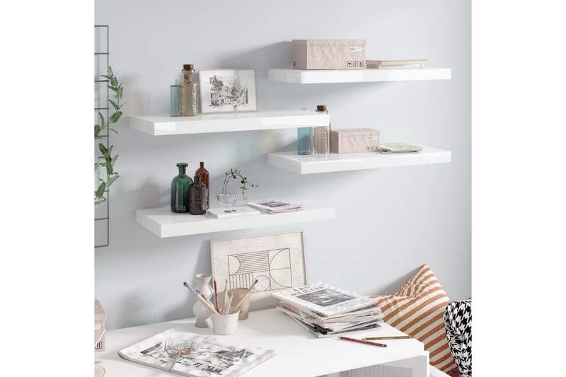 Flytende vegghyller 4 stk høyglans hvit 60x23,5x3,8 cm MDF - Oppbevaring - Hyller - Vegghylle