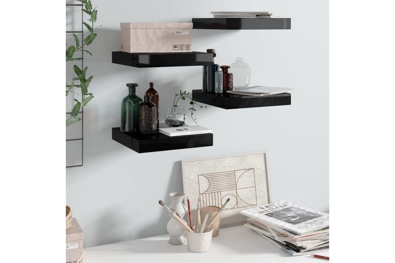Flytende vegghyller 4 stk høyglans svart 23x23,5x3,8 cm MDF - Oppbevaring - Hyller - Vegghylle