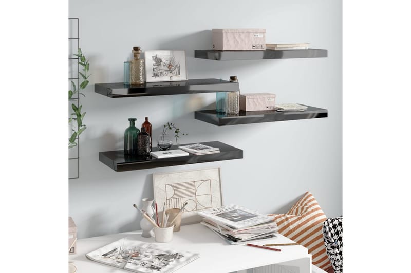 Flytende vegghyller 4 stk høyglans svart 60x23,5x3,8 cm MDF - Oppbevaring - Hyller - Vegghylle