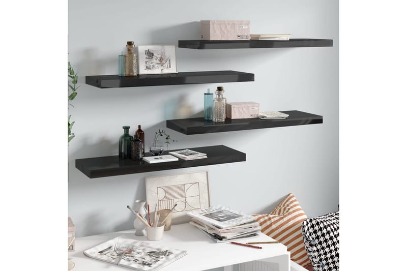 Flytende vegghyller 4 stk høyglans svart 80x23,5x3,8 cm MDF - Oppbevaring - Hyller - Vegghylle