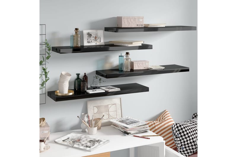 Flytende vegghyller 4 stk høyglans svart 90x23,5x3,8 cm MDF - Oppbevaring - Hyller - Vegghylle