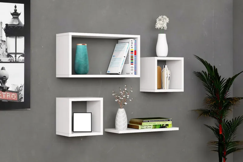 Havzan Vegghylle 44x15 cm 4 Hyller, Hvit