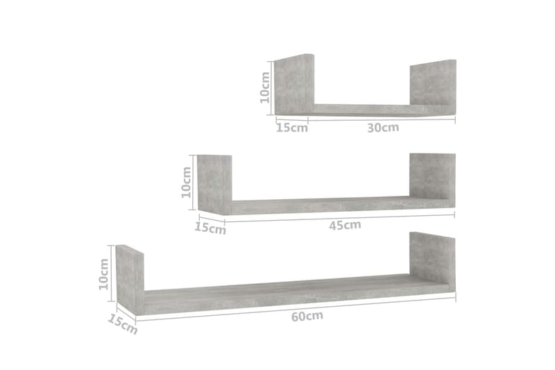 Vegghylle 3 stk betonggrå sponplate - Grå - Oppbevaring - Hyller - Vegghylle
