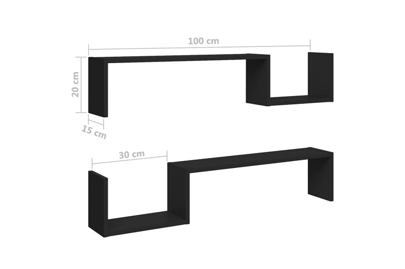 Vegghyller 2 stk svart 100x15x20 cm sponplate - Svart - Vegghylle