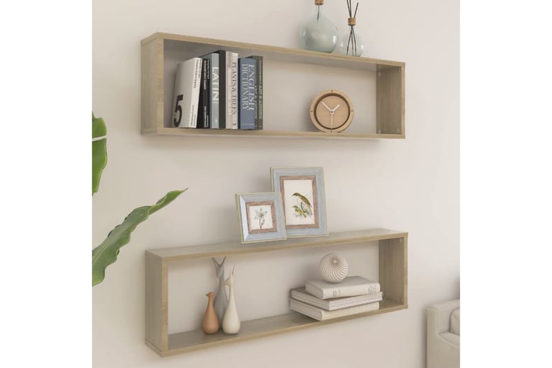 Vegghyller kubeformet 2 stk 100x15x30 cm sponplate - Brun - Oppbevaring - Hyller - Vegghylle