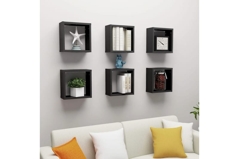 Vegghyller kubeformet 6 stk svart 30x15x30 cm - Svart - Oppbevaring - Hyller - Vegghylle