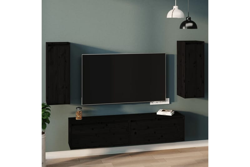 Veggskap 2 stk svart 30x30x80 cm heltre furu - Svart - Vegghylle