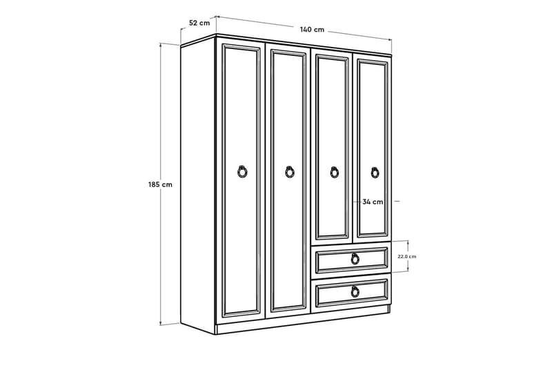 Ajra Garderobeskap 140x185 cm Hvit - Hanah Home - Oppbevaring - Klesoppbevaring - Garderober & garderobesystem