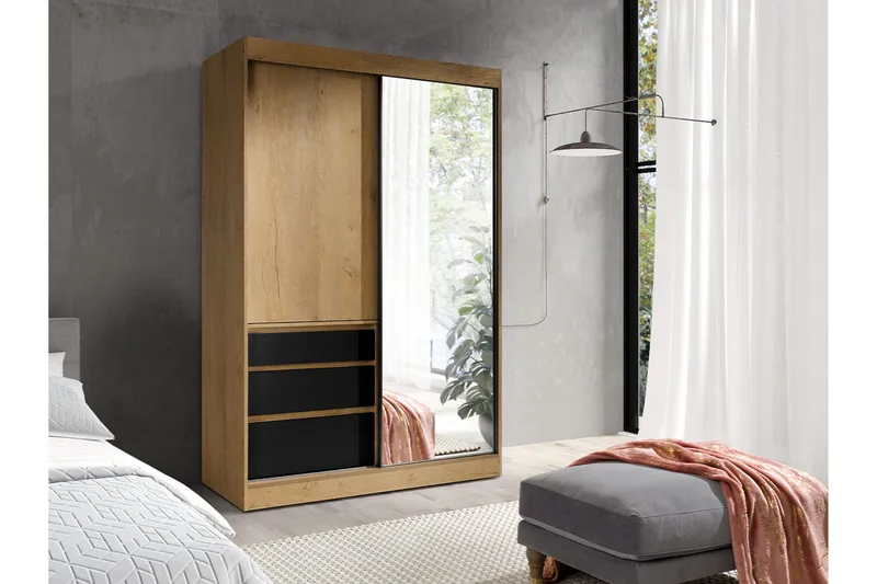 Abricot Garderobe med Speil 140x216x65 cm - Svart - Oppbevaring - Klesoppbevaring - Garderober & garderobesystem