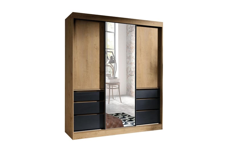 Abricot Garderobe med Speil 180x216x65 cm - Svart - Garderober & garderobesystem - Garderobeskap & klesskap