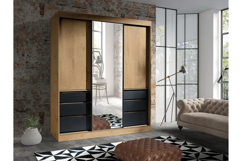 Abricot Garderobe med Speil 180x216x65 cm - Svart - Oppbevaring - Klesoppbevaring - Garderober & garderobesystem