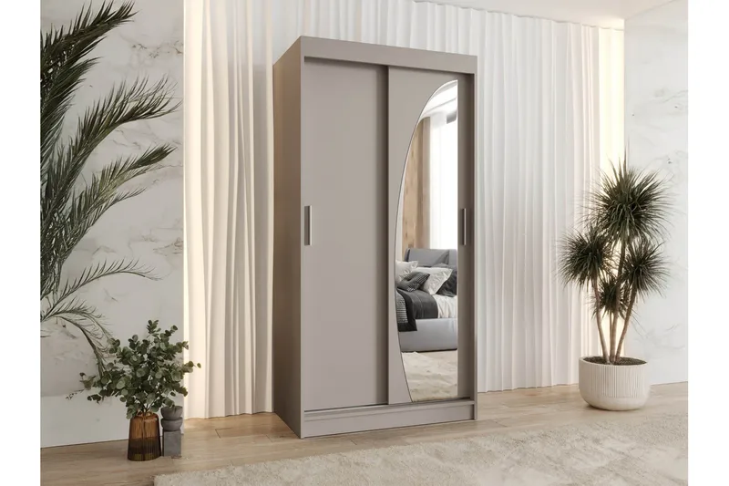 Amira Garderobe med Speil 100x200 cm i Malt Tre - Beige - Oppbevaring - Klesoppbevaring - Garderober & garderobesystem