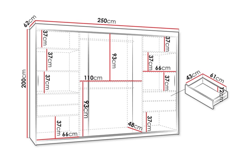 Amira Garderobeskap med Speil 250x200 cm i Malt Tre - Hvit - Oppbevaring - Klesoppbevaring - Garderober & garderobesystem