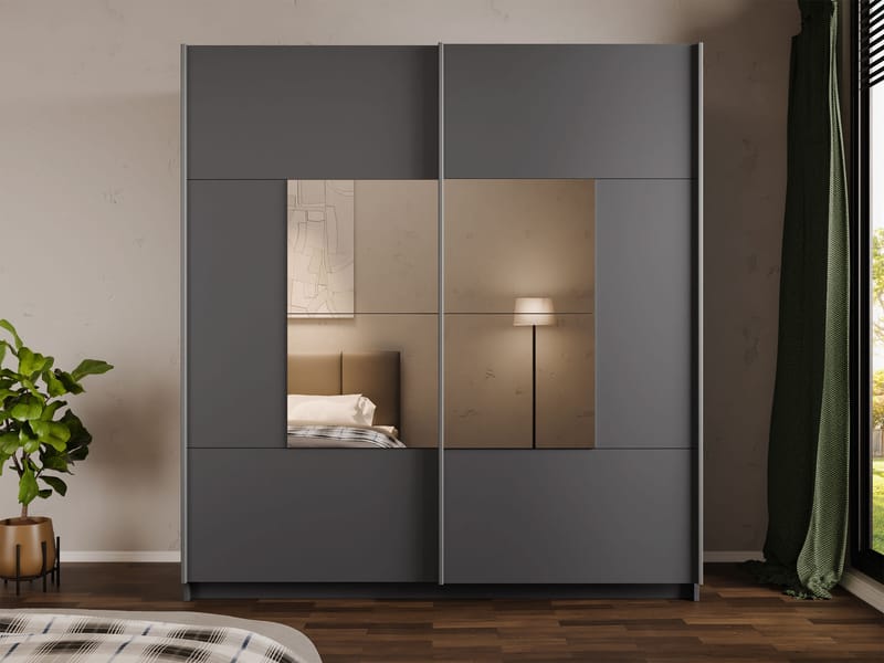 Binche Garderobeskapeskap med speil 200x215 cm - Grå - Oppbevaring - Klesoppbevaring - Garderober & garderobesystem