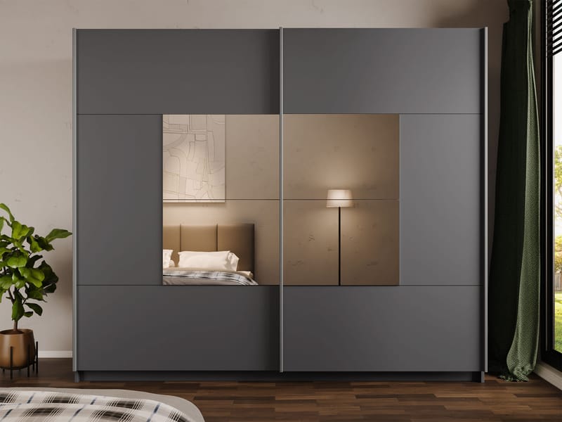 Binche Garderobeskapeskap med speil 250x215 cm - Grå - Oppbevaring - Klesoppbevaring - Garderober & garderobesystem