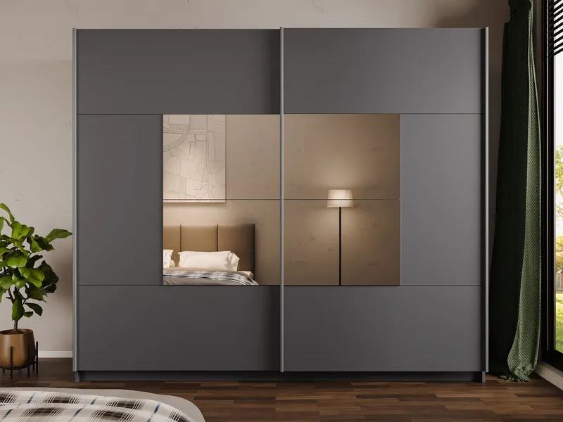 Binche Garderobeskapeskap med speil 250x215 cm - Grå - Oppbevaring - Klesoppbevaring - Garderober & garderobesystem