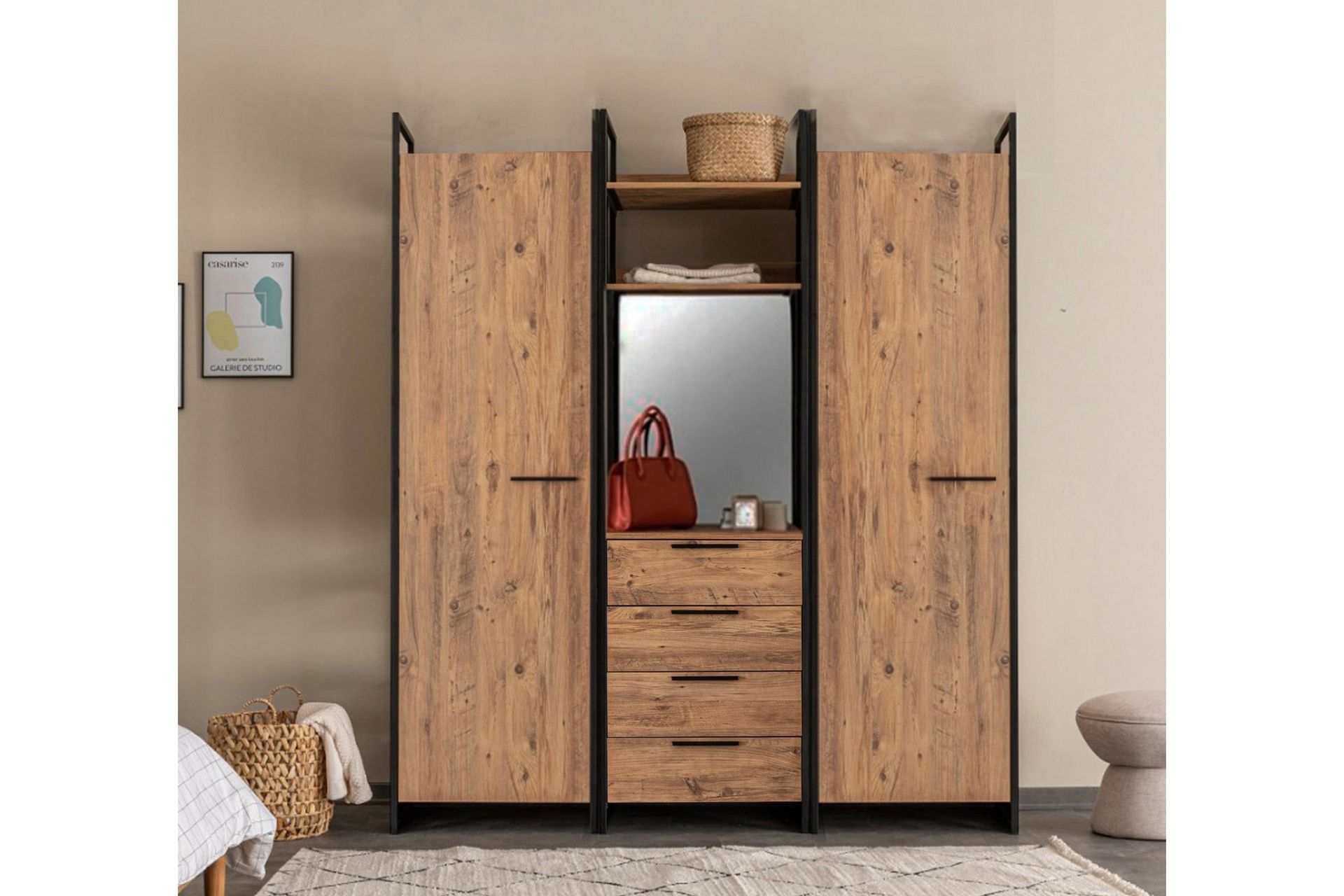Collinner garderobeskap 52x64 med speil 4 skap - Natur - Oppbevaring - Klesoppbevaring - Garderober & garderobesystem