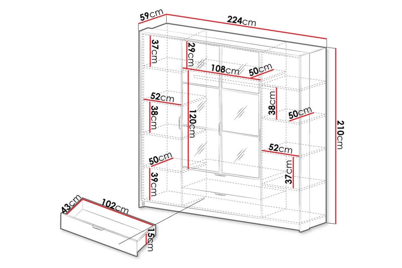Coralina Garderobeskap Med Speil 224x210 cm - Brun/Sort - Oppbevaring - Klesoppbevaring - Garderober & garderobesystem