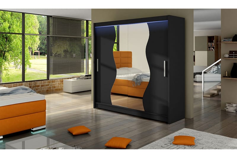 Douglas Garderobe 180x57x215 cm - Svart|Speil|Led-Belysning - Oppbevaring - Klesoppbevaring - Garderober & garderobesystem