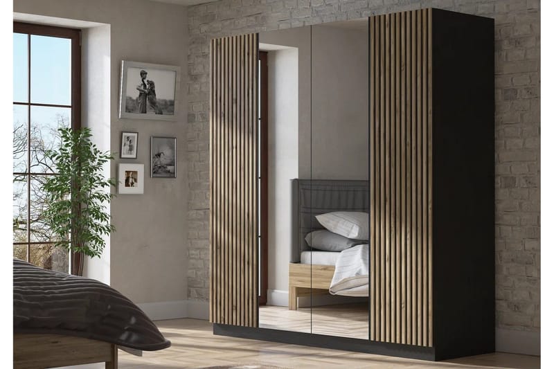 Elspet Garderobe med Speil 180x190 cm - Svart/Brun - Oppbevaring - Klesoppbevaring - Garderober & garderobesystem